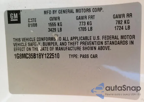 2008 Saturn Sky from USA, damaged, VIN 1G8MC35B18Y122510